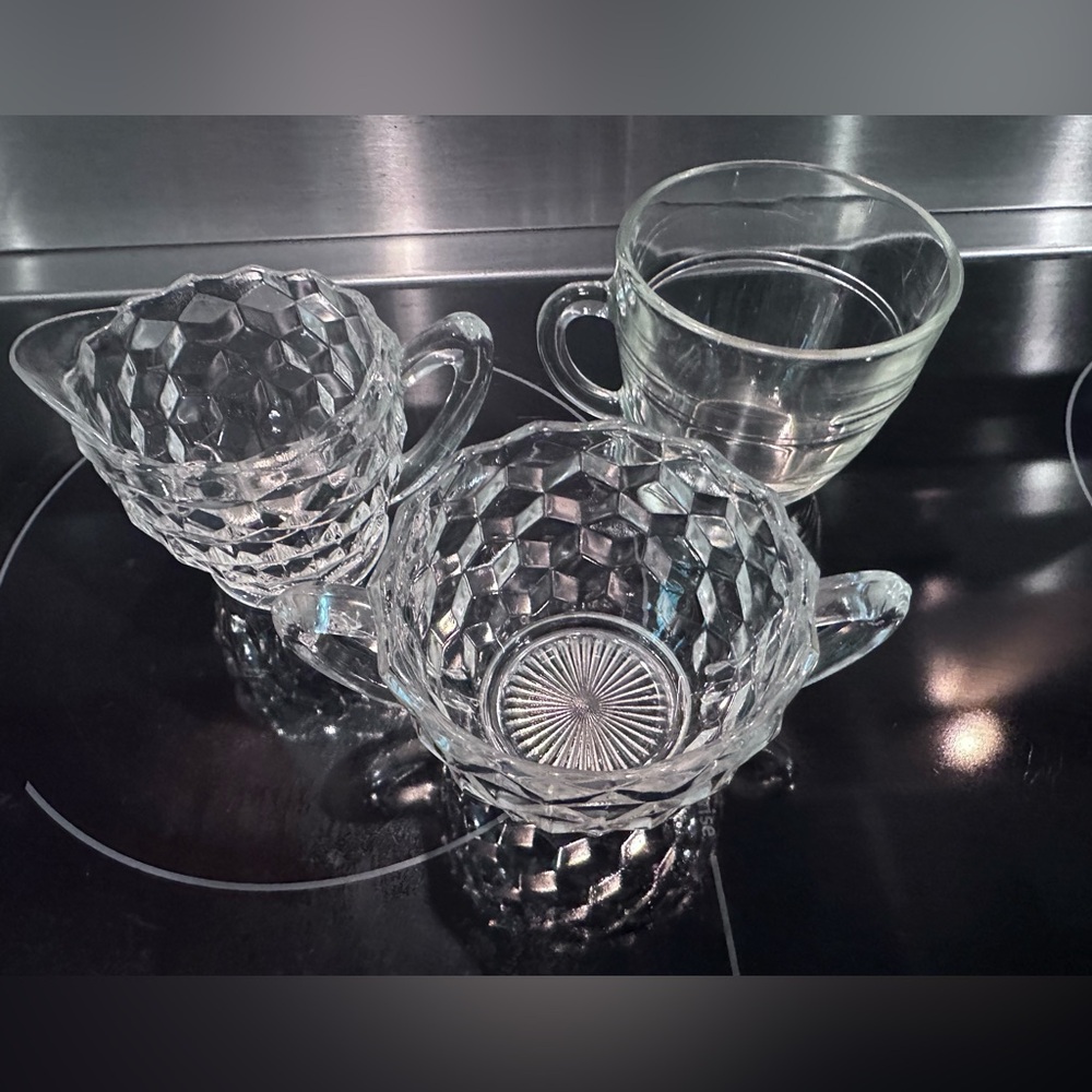 Vintage Fostoria American Clear Glass Small Cubist Cream and Sugar Set Tea Cup